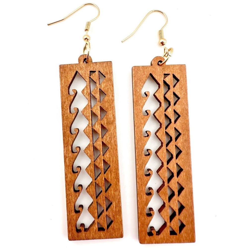 Ocean Waves‎ Bar Earrings Laser Cut Wood Chestnut Brown NWT